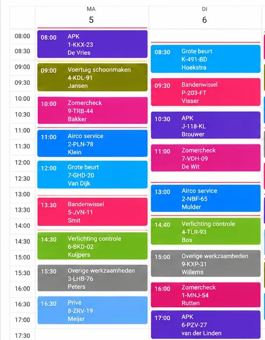 Weekagenda in Kivii garagesoftware